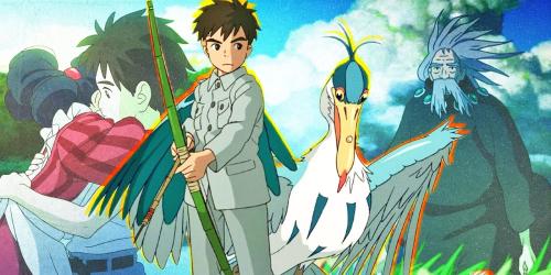 Animated characters (a boy, a heron, and an elderly person with a long beard wearing dark robes) standing in a grassy field