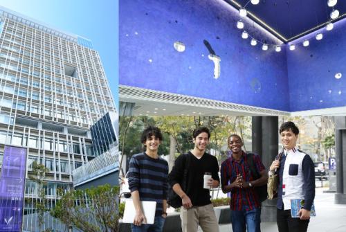 Composite image of a tall building, an blue wall, and a group of diverse students looking at the photographer